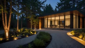 A modern home with outdoor lighting illuminating the landscape and home.