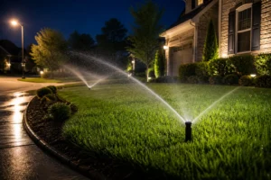 Nighttime view of a well-maintained suburban lawn with in-ground sprinklers actively watering the grass, illuminated by soft exterior home lighting and streetlights in a quiet neighborhood.