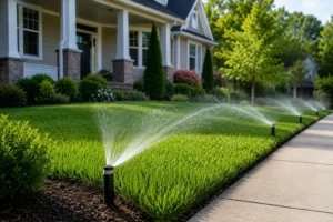 A residential home irrigation system with sprinkler heads watering a healthy green lawn
