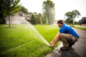 Irrigation technician inspecting a residential sprinkler system while watering a healthy lawn