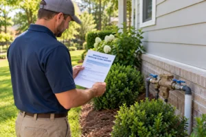 Homeowner reviewing a backflow testing notice beside an irrigation backflow preventer on the side of a residential home in Raleigh, NC.